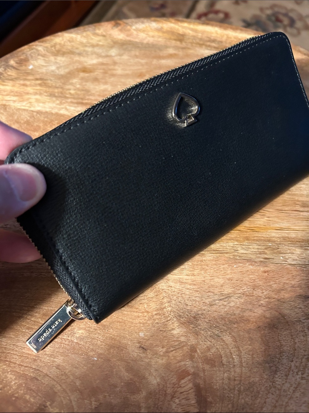 kate spade Black Leather Zip Card Holder with Spade Accent